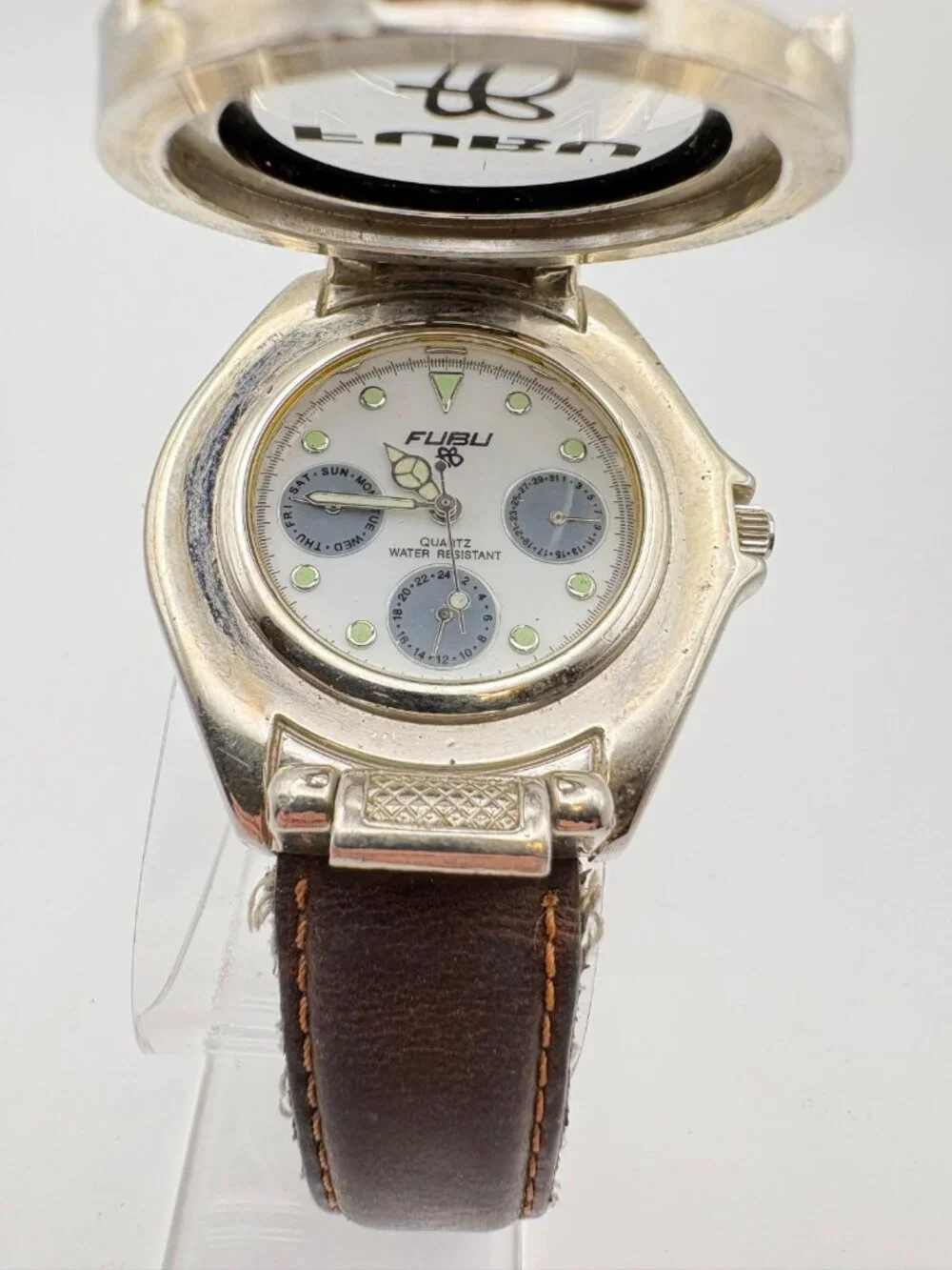 Vintage FUBU Mens Quartz Watch Hinged Flip Cover Silver Tone Leather Band Works